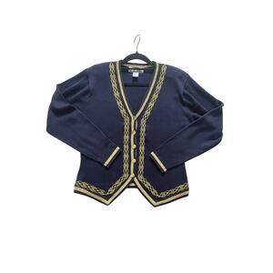 Women’s S Vintage Cardigan Top Navy Gold Metallic Trim Embroidered Nautical EUC
